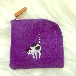 Cat felted purple small pouch